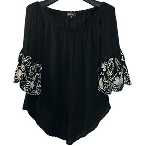 Papillon women’s top blouse black white embroidered bell sleeve elastic neck XXL